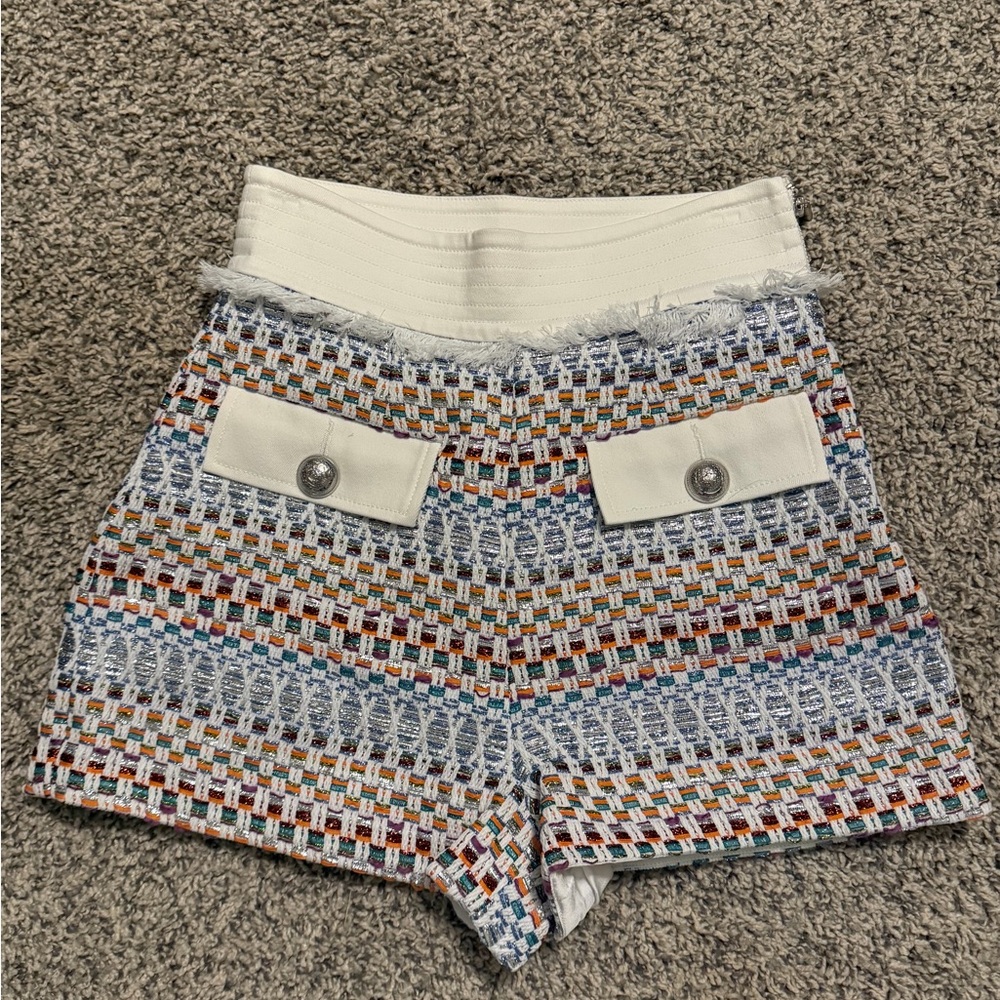 Ramy Brook Multicolor Tweed High-Waist Shorts with White Waistband